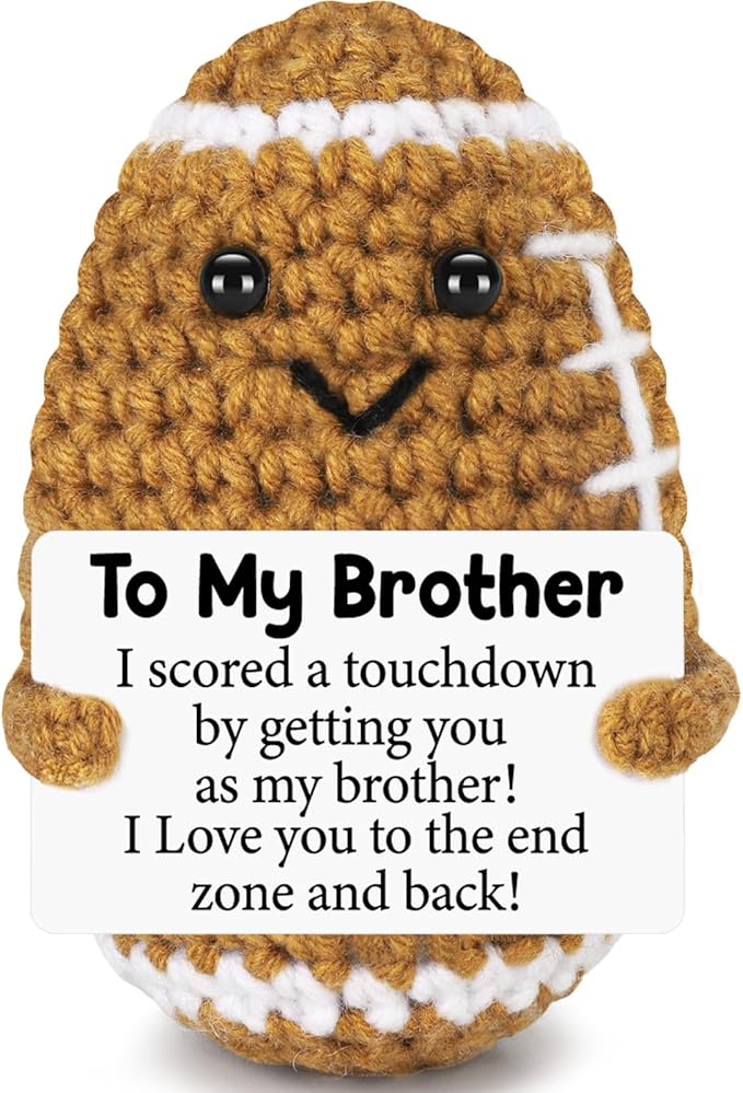 BiuNiuring Mini Funny Brother Gifts from Sister Brothers, Positive Fathers Day Birthday Gift for Men Friends, I Love You Small Cool Cute Football Doll, Handmade Crochet Home Decorations for Brother