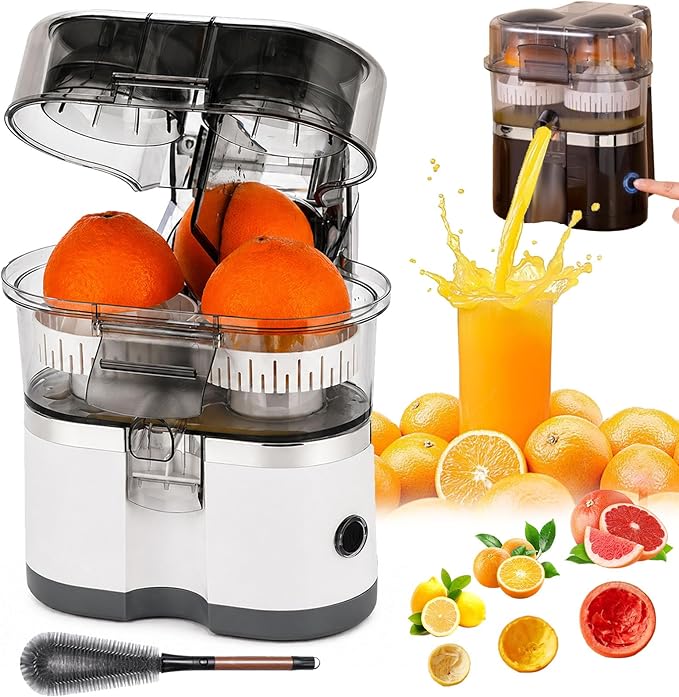 Dual-Head Automatic Citrus Juicer, Electric Citrus Juicer with Power Cord and Cleaning Brush, 1-Button Orange Lemon Lime Squeezer, Detachable Easy Clean Juicers Machine for Kitchen (White)