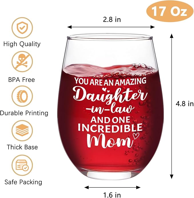 Futtumy Daughter in Law Gifts from Mother in Law, You Are An Amazing Daughter-in-Law And One Incredible Mom Wine Glass, First Mothers Day Christmas Birthday Gifts, 17 oz/500 ml