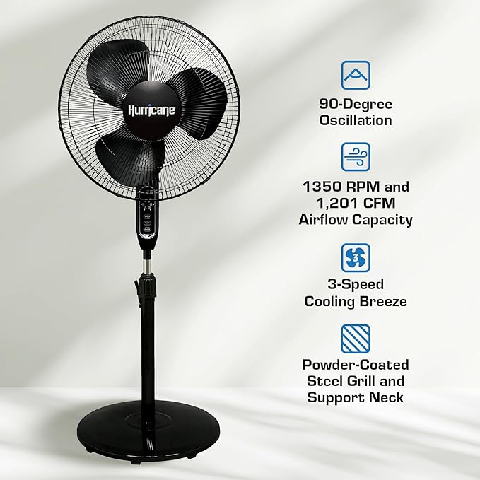 Hurricane Supreme Oscillating Pedestal Stand Fan with 3 Quiet Speeds, Black, 16" - Corded Electric Air Cooling Unit with Remote Control & Adjustable Height for Home, Apartment, Workshop or Office