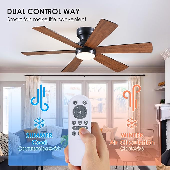 Asyko 46" Brown Low Profile Ceiling Fans with Lights and Remote, Modern Indoor Ceiling Fan Light with Quiet Reversible DC Motor, Flush Mount Ceiling Fans with Dimmable LED for Bedroom Kitchen
