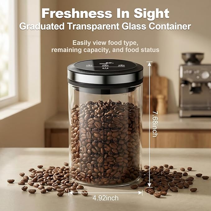 Vacuum Coffee Canister, Airtight Coffee Container with Graduated Scale and Vacuum Duration Display. Features Transparent Borosilicate Glass Construction and a 1.6L Large Capacity