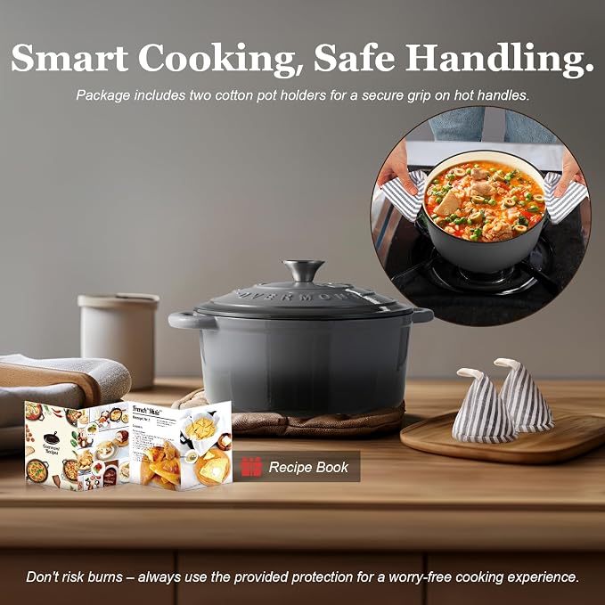 Overmont Enameled Cast Iron Dutch Oven - 7QT Pot with Lid Cookbook & Cotton Potholders - Heavy-Duty Cookware for Braising, Stews, Roasting, Sourdough Baking grey