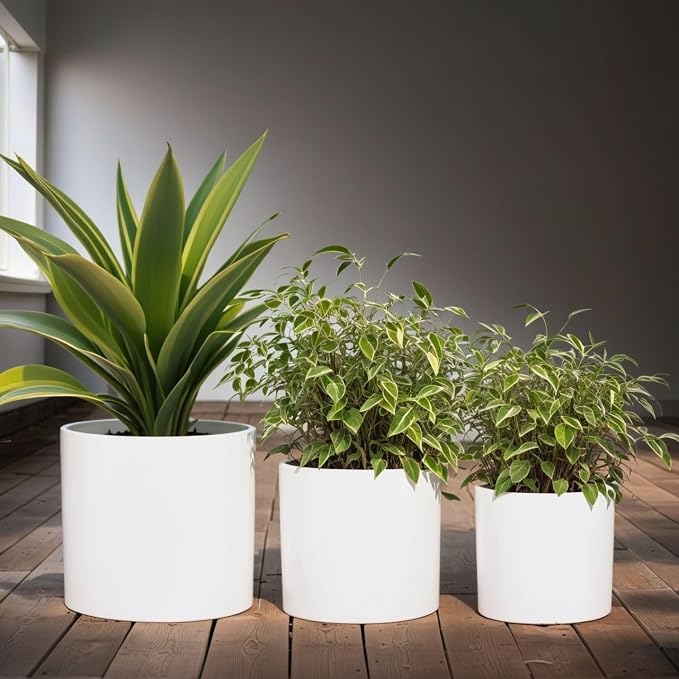 Fox & Fern Large Indoor Planter, Modern Large Plant Pot for Indoor or Outdoor, UV and Frost Resistant - Set of 3: 8, 10, 11.8 Inch, White Flower Pot with Drainage Plug, Lightweight