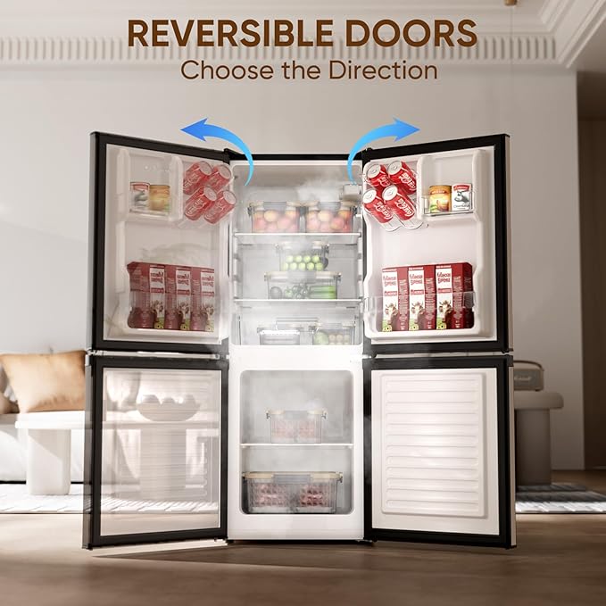 Upstreman 4.0 Cu.Ft Mini fridge with Bottom Freezer, Double Door, Low Noise Large Capacity Fridge, for Bedroom, Apartment, Kitchen, BM40 (Stainless)