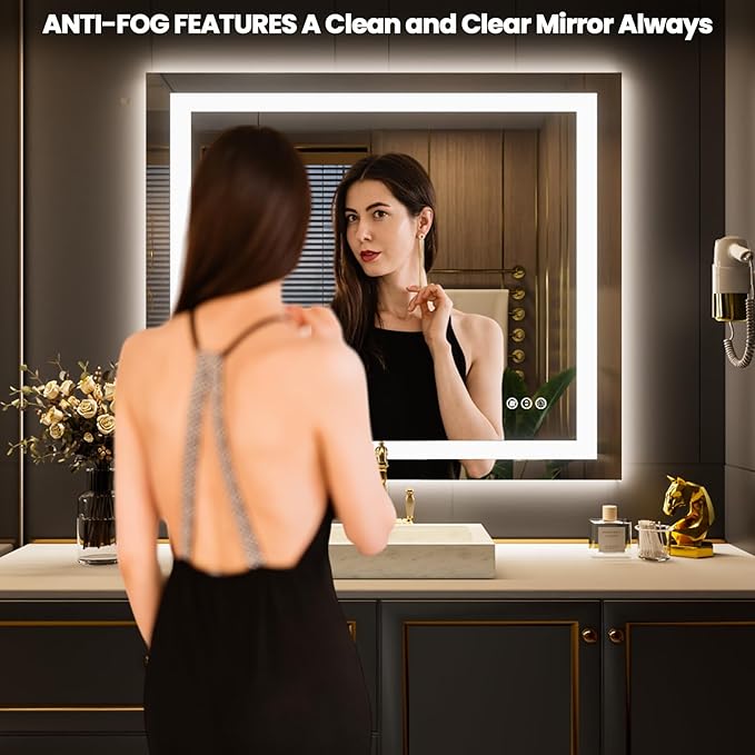 LOAAO 42"X36" LED Bathroom Mirror with Lights, Anti-Fog, Dimmable, Backlit + Front Lit, Lighted Bathroom Vanity Mirror for Wall, Memory Function, Tempered Glass, Safe to Use, ETL Listed
