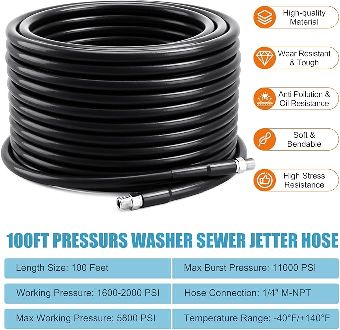Sewer Jetter Kit for Pressure Washer 100FT, 5800 PSI Power Washer Drain Jetter Cleaner Hose with 1/4 Inch NPT Corner Rotating Nozzle and 4 Different Button Hose Sewer Jet Nozzles Cleaning Sewage Pipes