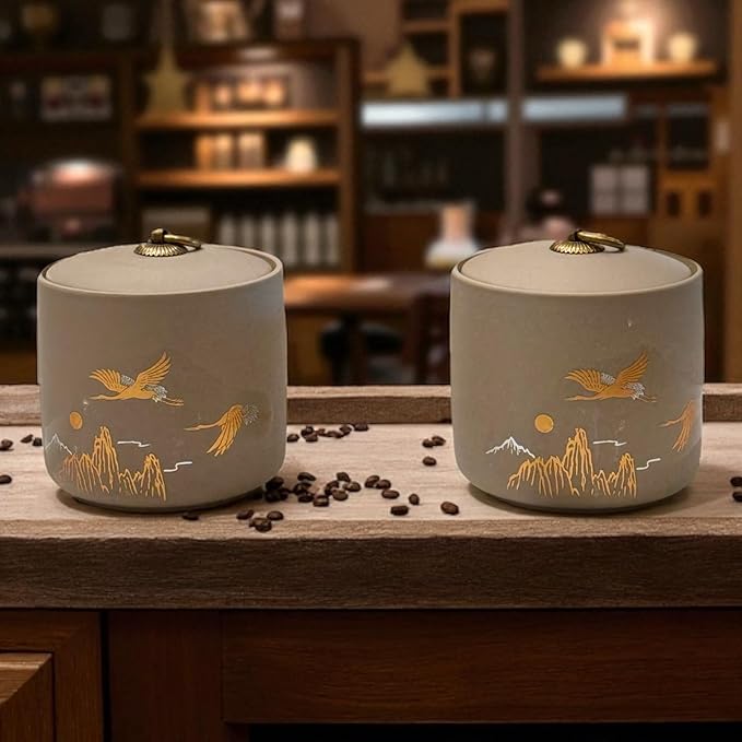 Bare & Balanced Ceramic Canister with Airtight Lid – Premium Kitchen Storage Jar | Crane & Mountain Design | Storage for Dry Goods | Gift-Ready Box