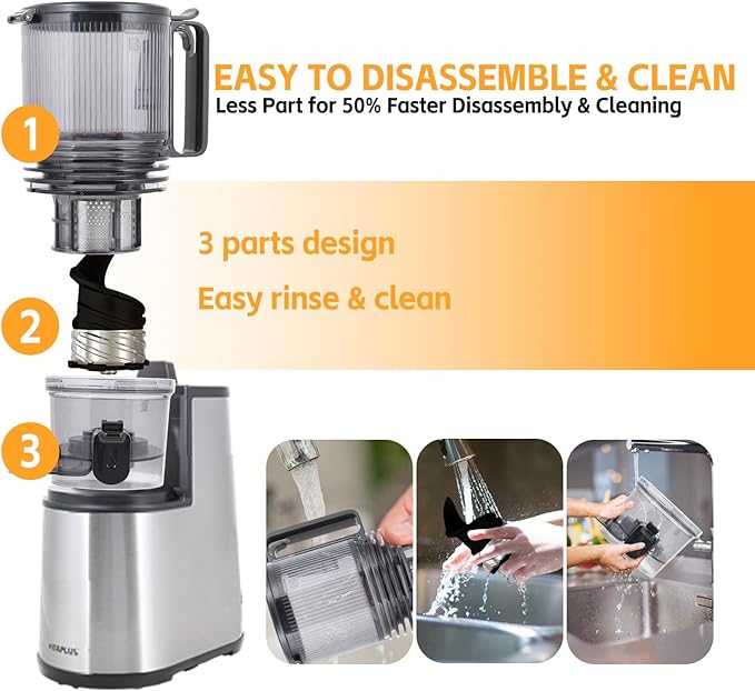 VITAPLUS Stainless Steel Auger Cold Press Juicer, AC Motor Slow Masticating Juicer, Plastic-Free Extractor for Whole Fruits & Vegetables, 5.8" Wide Chute, BPA-Free, Easy to Clean, FDA21 CFR Tested