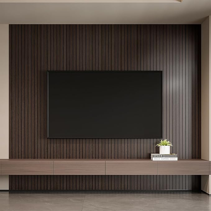 YLL YLL PVC Slat Wall Panel Peel and Stick 118"x 15.7" Faux Smoked Wood Grain Slat Panel Self-Adhesive Wallpaper Soundproof 3D Wall Panels