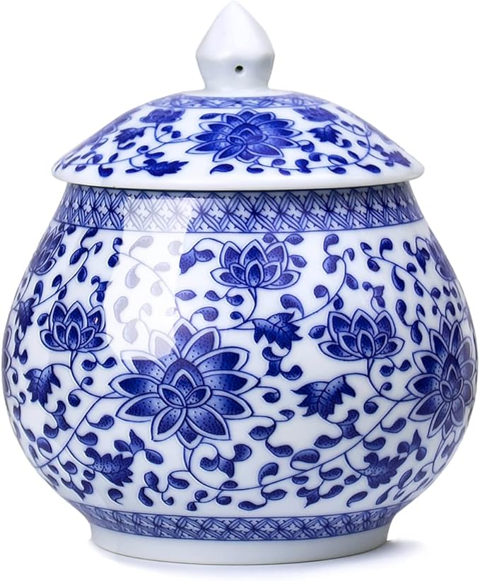 Dahlia Blue and White Porcelain Tea Canister for Loose Tea, Airtight Jingdezhen Tea Caddy, Lotus 850 ML