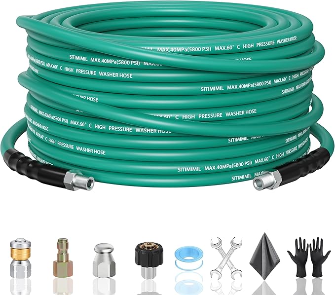 25FT Sewer Jetter Kit for Pressure Washer,1/4‘’NPT Drain Cleaner Hose 5800PSI, with Adapter Corner Rotating Button Nose Sewer Jetting Nozzles Kit Pearl Corsage Pin Spanner Waterproof Tape