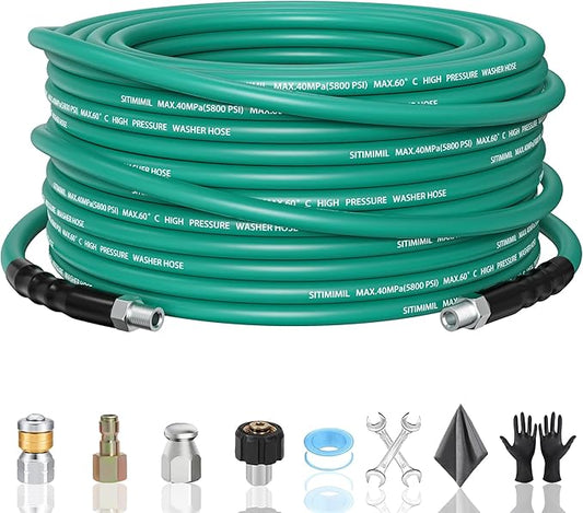 25FT Sewer Jetter Kit for Pressure Washer,1/4‘’NPT Drain Cleaner Hose 5800PSI, with Adapter Corner Rotating Button Nose Sewer Jetting Nozzles Kit Pearl Corsage Pin Spanner Waterproof Tape