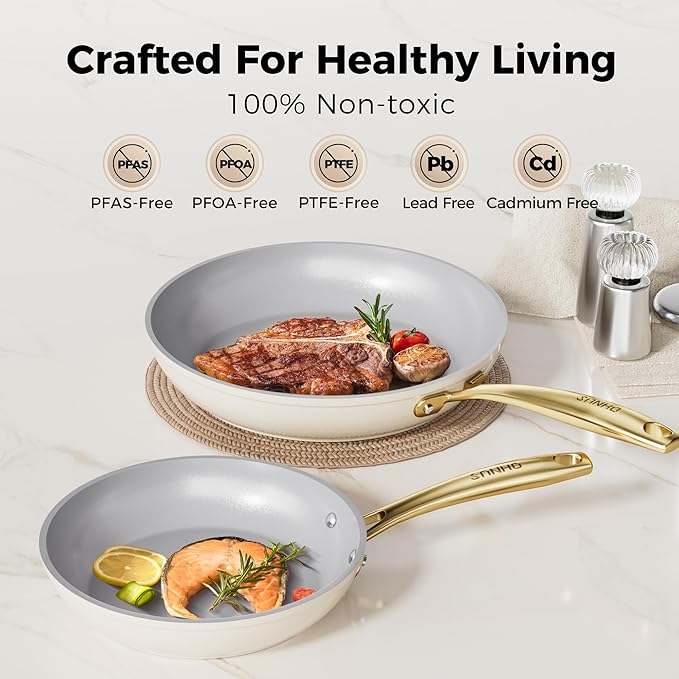 Sanho Ceramic NonStick Frying Pan, 8 & 10 Inch Frying Pans Skillet, Non Stick Egg Pans with Cool Touch PVD Handle for Induction, Dishwasher & Oven Safe, PTFE & PFOA Free, Non Toxic for Healthy Cooking
