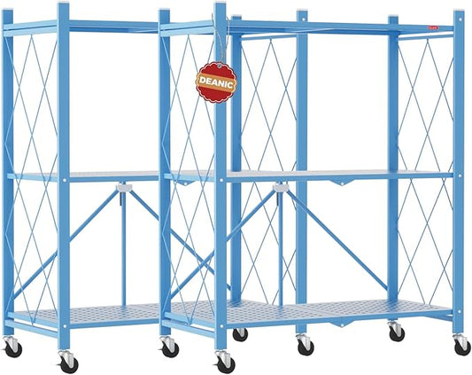 DEANIC 3 Tier Foldable Storage Shelves with Wheels, Kitchen Appliance Stand, Freestanding Metal Wire Shelf Rack, No Assembly Organizer Rolling Cart for Garage, Basement, Pantry(Blue Pack of 2)