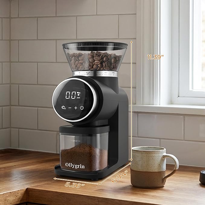 Ollygrin Conical Burr Coffee Grinder Electric, Compact Coffee Grinder for Home Use,Burr Mill Grinder with 30 Precise Grinding Sizes, Touch Panel, Removable Burr & Coffee Container, 2-12 Cups