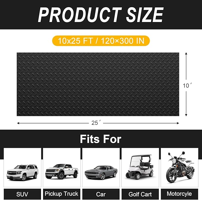 Grandroad auto 10x25 FT Garage Floor Mat, 2.8mm Thickened Flooring Roll for Under Car Diamond Plate PVC Rubber Mat with 20 Pcs Tapes, Non-Slip Floor Mat for Garage, Warehouse, Gyms, Trailer, Black