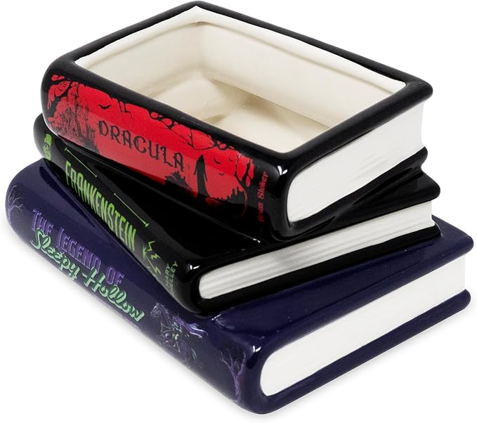 Steel Mill & Co. Ceramic Stacked Books Planter, Gothic Stories | Ceramic Plant Pot with Drainage Hole & Removable Stopper, Literary Decor, Frankenstein, Dracula, & Sleepy Hollow