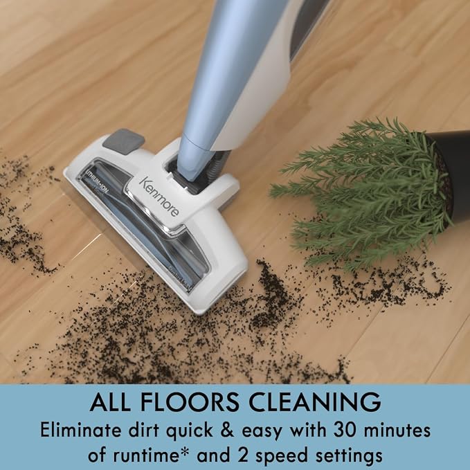 Kenmore DS1020 16V Cordless Stick Vacuum Lightweight 2-in-1 Handheld | LED Headlight with 2-Speed Power Control for Hardwood Floor, Carpet & Pet Hair, Gray-Blue