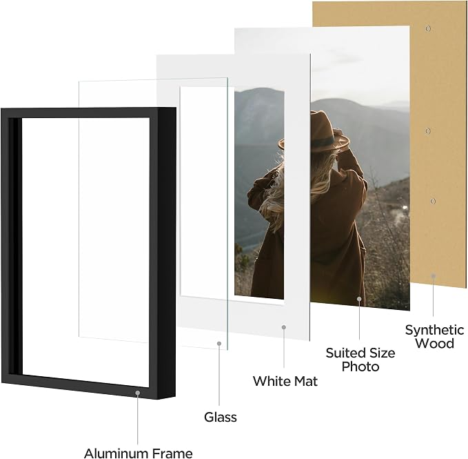 eletecpro Aluminum Gallery Wall Frame Set of 7 with Glass Cover, Black | Including 1Pc 11x14, 2Pcs 8x10, 4Pcs 5x7 Photo Frames, Multiple Sizes Picture Frames Collage Wall Decor or Tabletop Display