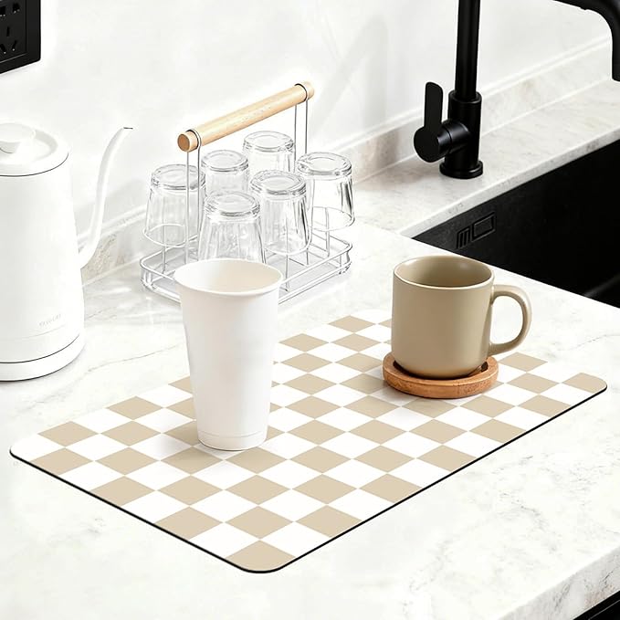 16" x 24" Checkered Dish Drying Mat for Kitchen Counter, Absorbent Coffee Bar Mat for Espresso Machine Coffee Countertops Accessories, Beige