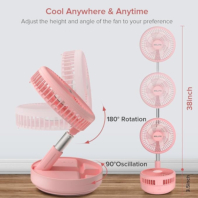 Belife X8 Portable Fan, 7200mAh Battery Powered Rechargeable, Oscillating USB Desk Floor Fan with Remote, Foldable Telescopic Fan for Home Bedroom Sleeping Office Camping Travel, 7.7" (Pink)