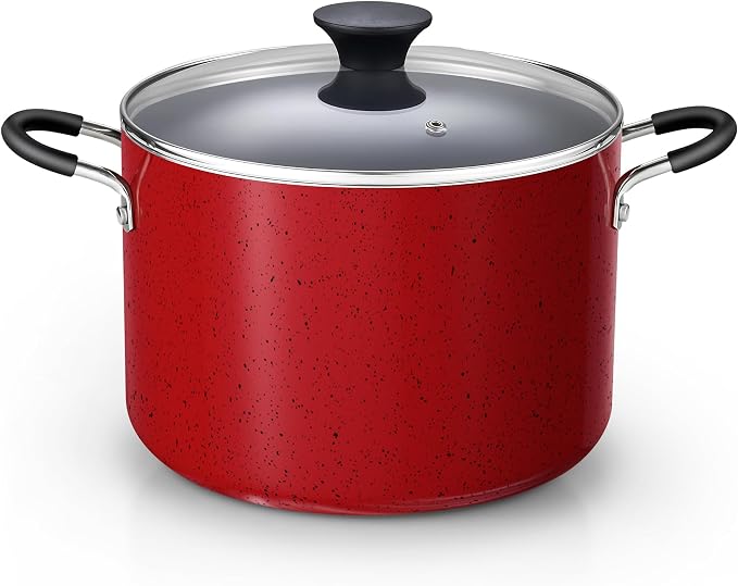 Cook N Home 8 Quart Non Stick Stock Pot with Lid, Large Pots for Cooking | Nonstick Soup Pot, Stockpot Induction Cookware - Oven & Dishwasher Safe, Marble Red