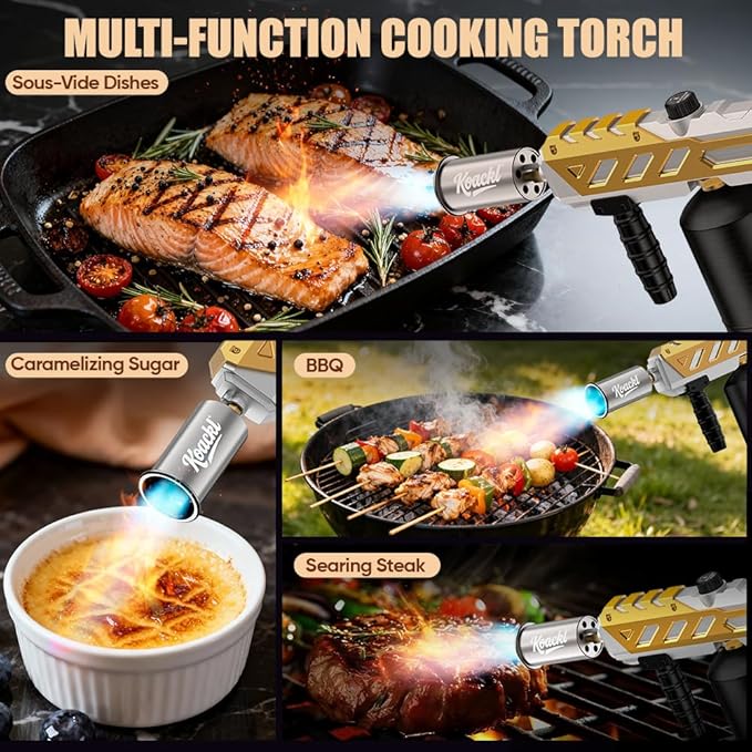 Koackl Powerful Propane Torch, Blow Torch with Adjustable Flame, Flamethrower Kitchen Torch Burner Gas Welding Kits for Grill, BBQ, Searing Steak, Camping & Charcoal Torch Lighter Golden