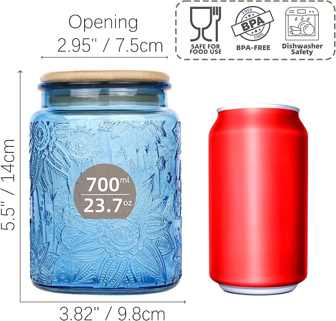 Custde Blue Vintage Glass Candy Jar with Airtight Bamboo Lid, 23.7oz Kitchen Storage Canister for Sugar, Coffee, Tea, Cookies, Bath Salt - Decorative Mason Jar for Pantry & Counter(Blue, 23.7 fl oz)