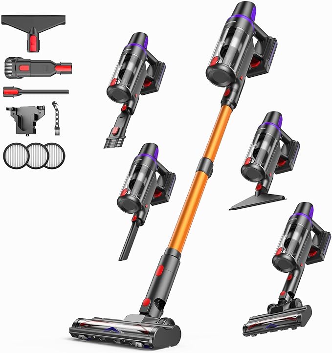 TechRise Cordless Vacuum Cleaner for Home, 550W 45KPa for Pet Hair & Floors | 60 Min Runtime, HEPA Filter, Self-Standing Design, Anti-Tangle Brush & LED Light for Carpets and Hard Floor Cleaning