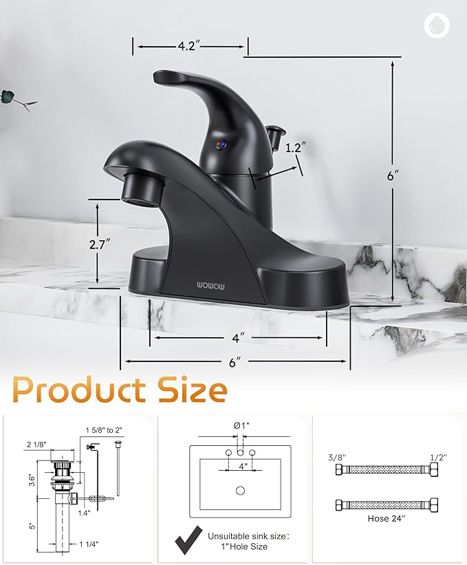 WOWOW Black Bathroom Faucet One Handle 4 inch Centerset Bathroom Faucets with Lift Rod Drain Assembly Sink Faucet Lavatory Faucet Matte Black Bathroom Faucets