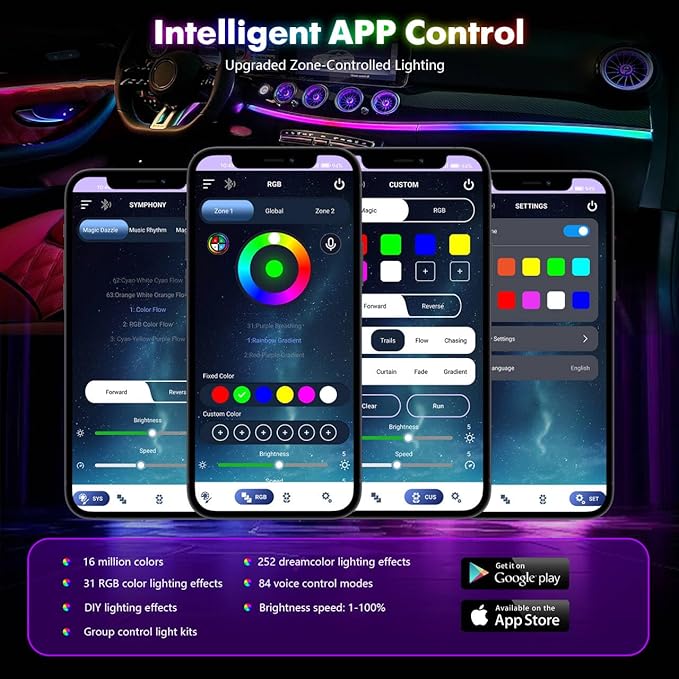 Dreamcolor Acrylic Interior Car Lights 6 in 1 RGB LED Strip Lights with APP Control 252 Color Modes DIY Fiber Optic Ambient Lighting Kits Music Car Neon Light Kits New Version