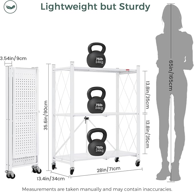 DEANIC 3 Tier Foldable Storage Shelves with Wheels, Kitchen Appliance Stand, Freestanding Metal Wire Shelf Rack, No Assembly Organizer Rolling Cart for Garage, Basement, Pantry(White)