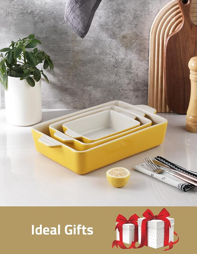 Sweejar Ceramic Bakeware Set, Rectangular Baking Dish for Oven Lasagna Pans for Cooking, Kitchen, Cake Dinner, Banquet and Daily Use, 11.8 x 7.8 x 2.76 Inches of Casserole Dishes (Yellow)