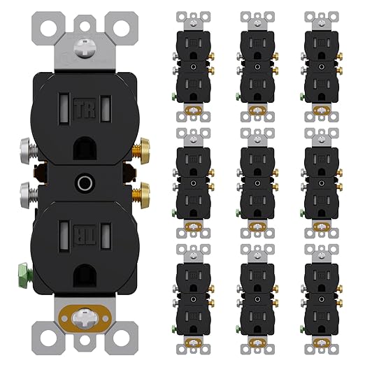 AIDA 10 Pack 15 Amp Outlet Duplex Electrical Receptacle Outlets,Power Outlet,Tamper Resistant,Heavy-Duty Receptacle, 2 Pole,3-Wire, Self-Grounding Clip, NEMA 5-15R,UL Listed,Black