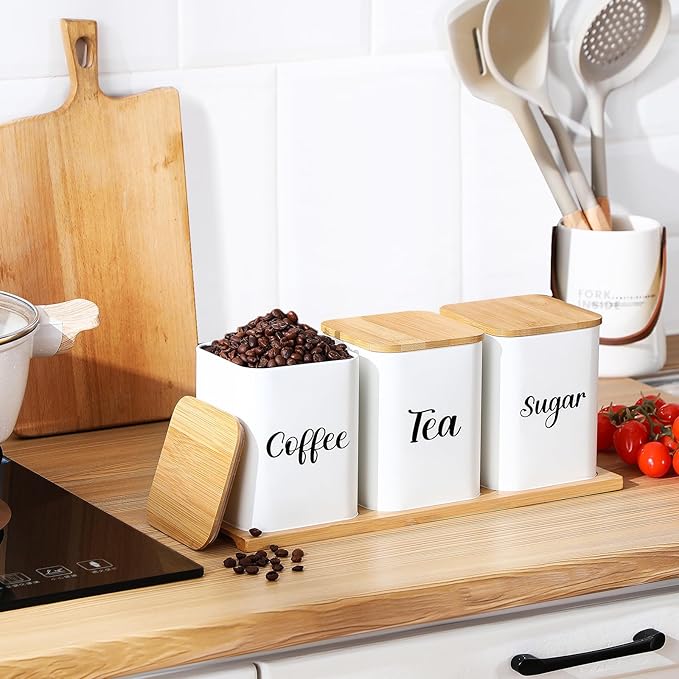 Tioncy Coffee Tea Sugar Container with Tray Set of 3 Airtight Metal Canister with Bamboo Lid Tray for Kitchen Counter Dining Room Farm House Kitchen Style Drink Station Organizer Set(White)