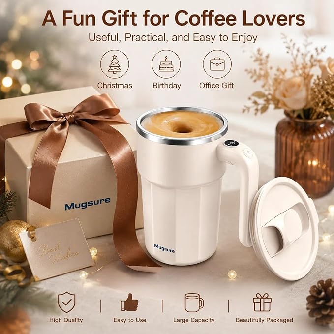 Self Stirring Coffee Mug, 12.5oz Magnetic Mixing Cup with Lid, USB Rechargeable Automatic Stirring Mug for Coffee, Creamer, Milk, Hot Chocolate & Matcha, Stainless Steel, Pearl White
