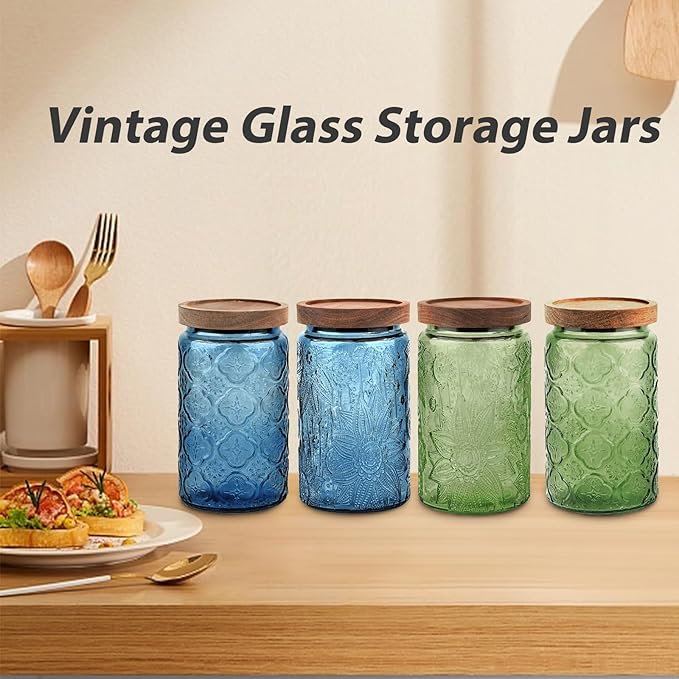 Glass Jar with Lid, Vintage Glass Storage Jars with Airtight Lid Coffee Canister Sugar Container for Kitchen Counter Pantry, Spice, Candy, Coffee Beans, Tea, Oats (34FL OZ Begonia Green)
