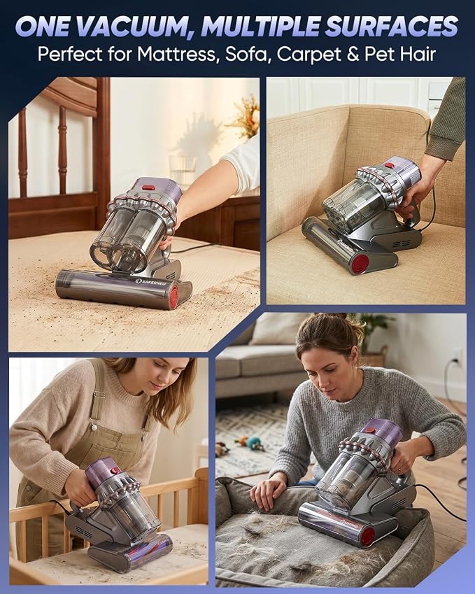 SAKERNEO Powerful Bed Vacuum Cleaner with Digital Display, 5-Cyclone Filtration, 14kPa Strong Suction, HEPA Filter, Handheld Vacuum for Mattress, Carpet, Sofa and Pet Hair