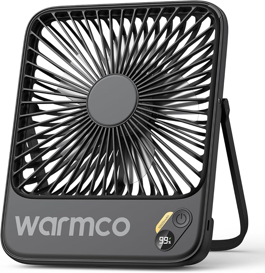 Warmco 10000mAh Portable Travel Fan 7-inch, Up to 24H Runtime, Ultra-thin Quiet Rechargeable Battery Operated Desk Fan with Digital Display for Camping, Office, Bedroom, Cruise Essentials