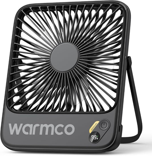Warmco 10000mAh Portable Travel Fan 7-inch, Up to 24H Runtime, Ultra-thin Quiet Rechargeable Battery Operated Desk Fan with Digital Display for Camping, Office, Bedroom, Cruise Essentials