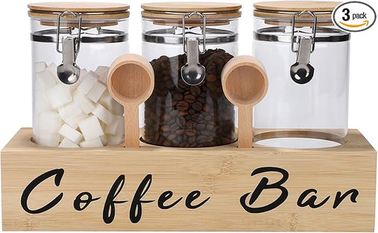 3 x 54 oz Glass Coffee Bean Storage Container with Shelf 3PCS Glass Containers with Airtight Locking Clamp Lid Spoons Coffee Canister Set Jars for Kitchen Food Storage Tea Sugar Wood