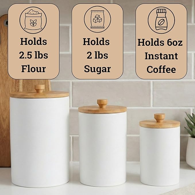 Ceramic Kitchen Canisters for Countertop Set of 3 with Airtight Bamboo Lids - White Kitchen Canisters with Airtight Lids - Flour Sugar Canister Set - Flour and Sugar Containers Farmhouse - Coffee Jar