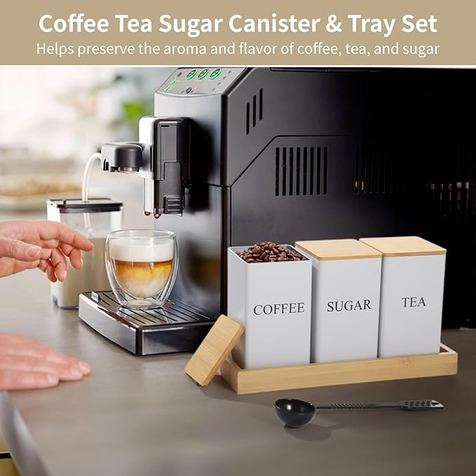 Homaisson Tea sugar container set - Coffee Tea Sugar Canister and Tray Set, Metal Container with Airtight Wooden Lid, Kitchen Counter Storage Organizer Set, Includes 3 Plastic Scoops