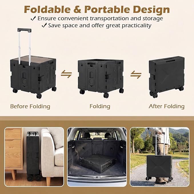 Goplus Foldable Utility Cart, Portable Rolling Crate Handcart with 4 Rotate Wheels, Telescoping Handle, Lid & Cup Holder for Travel, Shopping, Luggage, Grocery, Office & Teacher (Black)