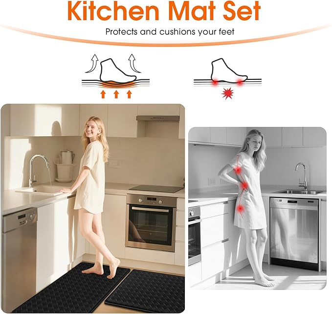 TranquilRelax 2-Piece Anti-Fatigue Kitchen Mats, Cushioned Non-Slip Waterproof Sink & Stove Floor Mats, Comfortable Standing Rug Set for Kitchen, Laundry & Entryway Black