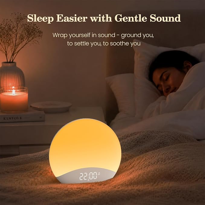 REACHER Sound Machine Sunrise Alarm Clock with Night Light, 26 Nature Inspired Sleep Sounds, 0-100% Dimmable Clock, Sunrise Lamp, Wake Up Light, Brown/Pink/White Noise Machine for Babys, Adults, Kids