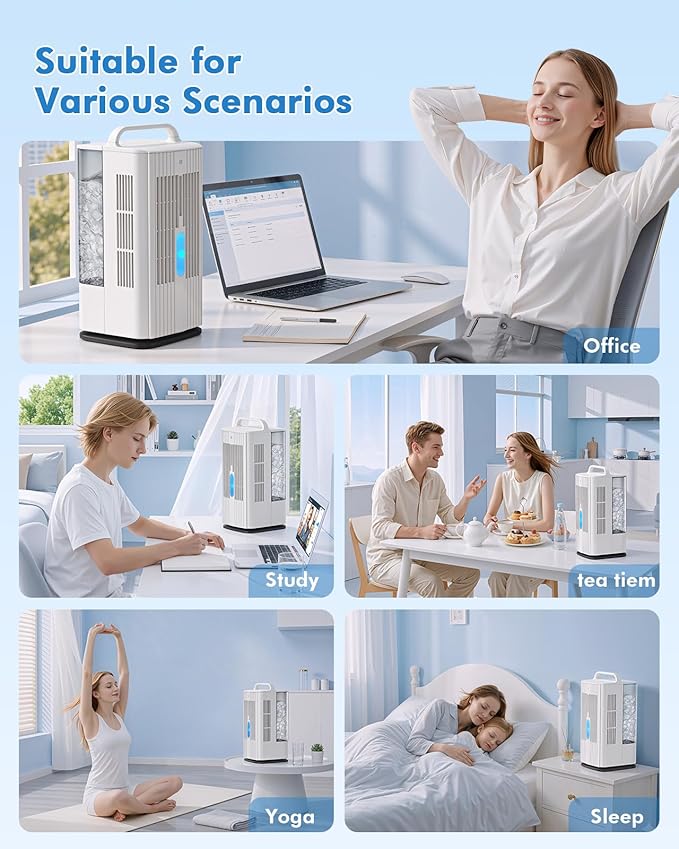 4-in-1 Portable Air Conditioners: 1700ml Tank Mini Air Conditioner with 120° Oscillating 16.5ft Remote - Evaporative Air Cooler with 3 Speed & 7 Lights 1-7H Timer - Portable AC Unit for Bedroom