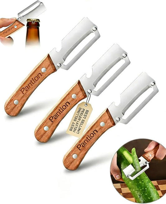 Zero Snag Wooden Peeler, Zero Flex Peeler Vegetable, Multi-functional Vegetable Peelers for Kitchen, With Wooden Handle,Bottle Opener Kitchen Tool for Fruit Veggie Carrot Potato Pumpkin(3pcs)