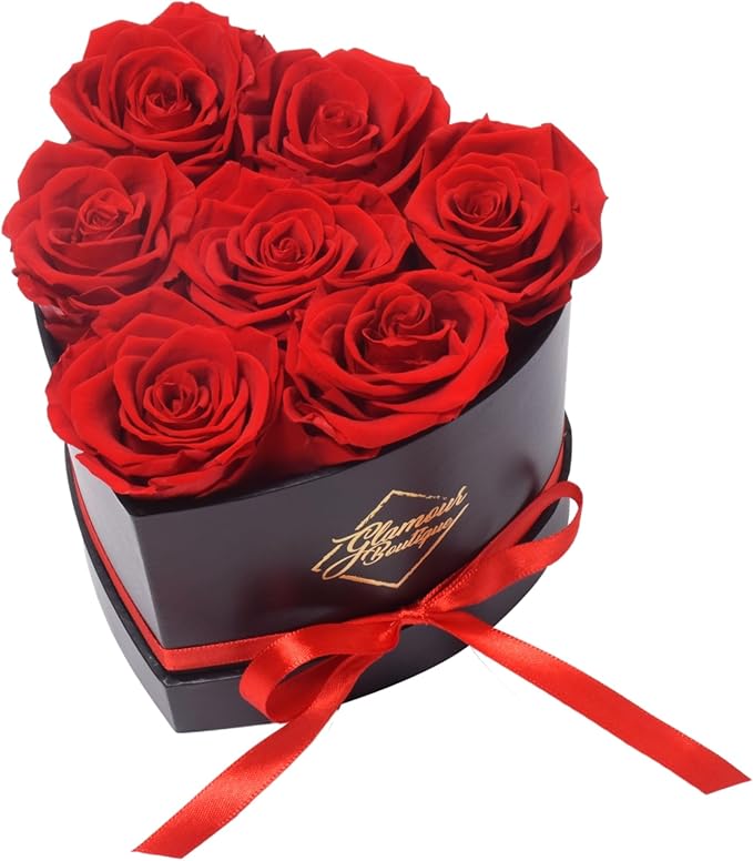 GLAMOUR BOUTIQUE 7 Flower Forever Heart Shape Box, for Mom, Eternal Preserved Roses Gift for Her, Long Lasting Flowers Bouquet, for Birthday, Anniversary and Girlfriend - Red